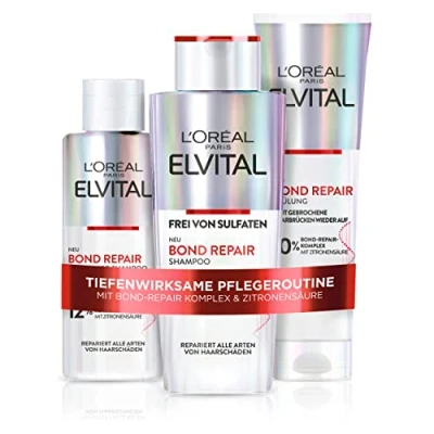 Imagen de L&#039;Oréal Paris Elvital Bond Repair Kit de reparación cabello con pre champú, champú y acondicionador, paquete protección para menos rotura más brillo, complejo bonos