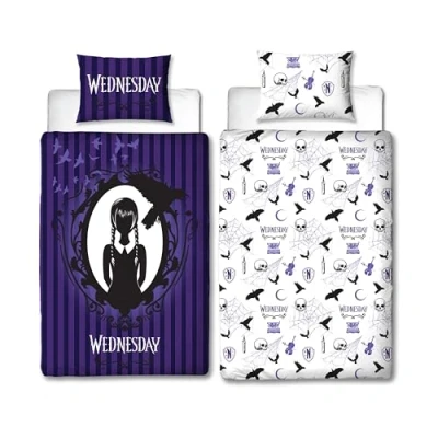 Imagen de Character World Wednesday Juego de Funda edredón Oficial para Cama Individual, Reversible, 2 Caras, Incluye Almohada a Juego, polialgodón, Color Morado