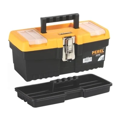 Imagen de Perel Caja de herramientas, polipropileno, con contenido herramienta extraíble, 2 compartimentos en la tapa, mango plegable y cierre metal, negro/amarillo, 320 x 155 139 mm