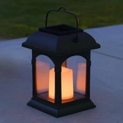 Imagen de Festive Lights Farol solar para vela con luz parpadeante LED ámbar, color negro (15 cm)
