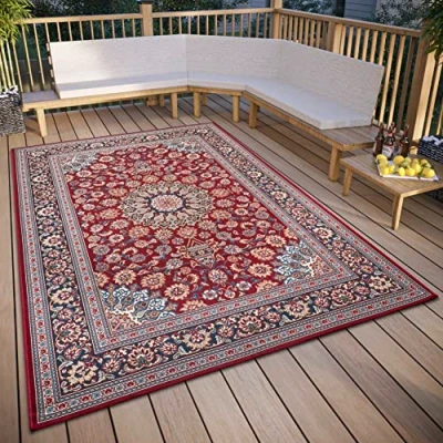 Imagen de HANSE Home Kadi Alfombra oriental para interior y exterior, tejido plano oriental, diseño clásico, certificado Öko Tex resistente a la intemperie los rayos UV, balcón, terraza, jardín, rojo