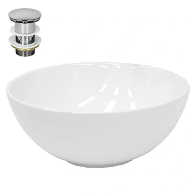 Imagen de ECD Germany Lavabo Cerámico Ovalado con Agujero Conexión Estandar Blanco Lavamanos sobre Encimera 320 x 135 mm Diseño Moderno Fregadero Juego de Desagüe Realza Cada Baño o Aseo