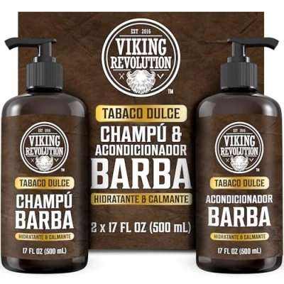 Imagen de Viking Revolution Juego de Champú y Acondicionador Barba con Aceites Argán Jojoba Hombre que Suaviza, Alisa Fortalece el Crecimiento Tabaco Dulce 2x500 ml