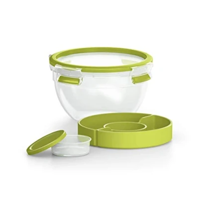 Imagen de Emsa Clip&amp;Go Saladbox Recipiente hermético de plástico 0,6 L, ensalada Bowl redondo 1 L para con compartimento salsas y otros platos, libre BPA, transporte fácil