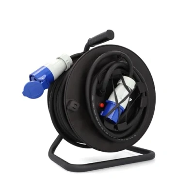 Imagen de cartrend Explorer Carrete alargador CEE con 1 enchufe y conector CEE, cable de extensión para uso duradero en acampadas exteriores, freno estacionamiento, IP44, 25 m, color negro