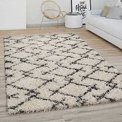 Imagen de Alfombra Salón Pelo Largo Shaggy Motivo Moderno Boho Escandinavo Rombos, tamaño:150 cm Cuadrado, Color:Crema Antracita 3