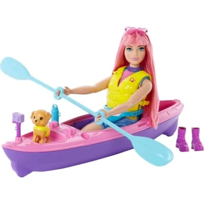 Imagen de Barbie ¡Vamos de Camping! Daisy en el Campamento Muñeca con Pelo Rosa, Kayak y Accesorios Juguete (Mattel HDF75)