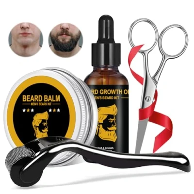 Imagen de Crece Barba Kit 0.25mm Rodillo,30ml Aceite Barba, 60g Balsamo Barba,Tijeras para Barba,Kit Cuidado Barba,Promover el crecimiento de la barba,Facial del pelo