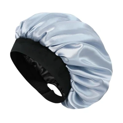 Imagen de HAT HUT capó de satén para dormir mujer, cabello rizado y natural, banda ancha ajustable, doble capa (azul ceniza)