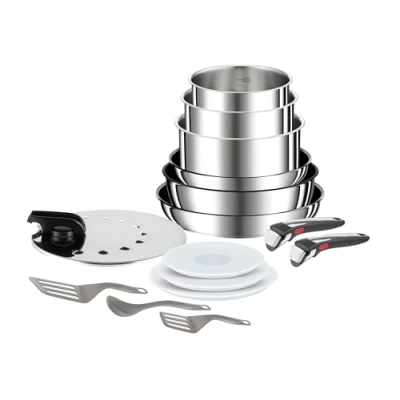 Imagen de Tefal Ingenio Preference On Batería de cocina 15 piezas, diseño apilable, ahorra espacio, mango extraíble, sin PFOA, revestimiento antiadherente, Themo Signal, apto todas cocinas