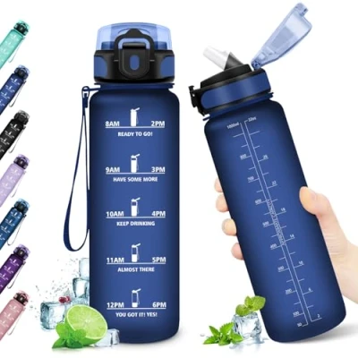 Imagen de KollyKolla Botella Agua 1 litro, Motivadora, de con Pajita, Prueba Fugas, Reutilizable Cantimplora para Adulto, Colegio, Gimnasio, Oficina, Bicicleta, Gym, Fitness