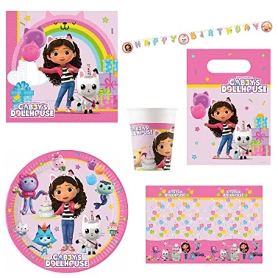 Imagen de Procos PRO10245290DY Set de fiesta XL Gabby&#039;s Dollhouse, juego 46 piezas, platos, mantel, tazas, servilletas, bolsas, banderola, vajilla infantil