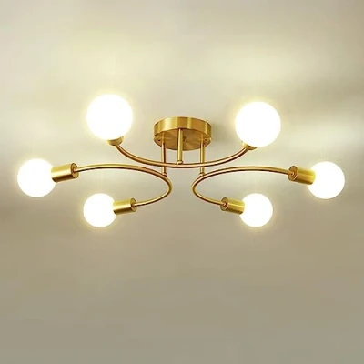 Imagen de niuniaj Lámparas de Techo Retro,6 Luces industriales,Plafon Sputnik E27,Lámpara Araña Dorada para Dormitorio,Sala Estar,Cocina,Comedor,Ø70CM(Sin Bombilla)