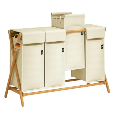 Imagen de AdelDream Cesto para la colada 4 compartimentos 200L bambú ropa sucia madera con tapa estantes de en forma X color beige