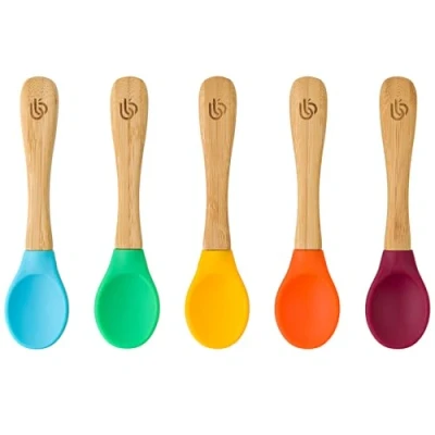 Imagen de Cucharas de bambú para alimentar al bebé con puntas silicona curvadas y suaves niños pequeños bebés (5 cucharas)
