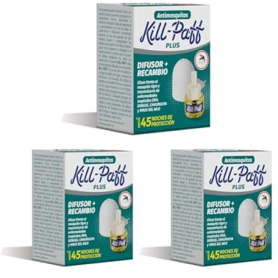 Imagen de KILL PAFF Antimosquitos Eléctrico Protección Eficaz Contra Mosquitos Tigre y Transmisores de Enfermedades Tropicales Sin Olor 45 Noches 1 Difusor + Recambio 33 ml
