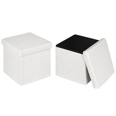 Imagen de eSituro Juego de 2 Taburete Plegable Otomano Asiento, Baúl Cuadrado, Puff para Almacenaje, Forro Polar Blanco