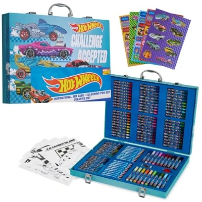 Imagen de Hot Wheels Maletin Pinturas para Niños, Set de Arte +130 Piezas con Rotuladores, Lápices Colores, Crayones, Pegatinas