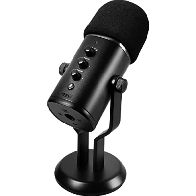 Imagen de MSI IMMERSE GV60 Streaming Mic (Interfaz USB Type C y Aux de 3,5 mm, para Aplicaciones Profesionales con Control intuitivo en 4 Modos: Estéreo, Omnidireccional, Cardioide Bidireccional)