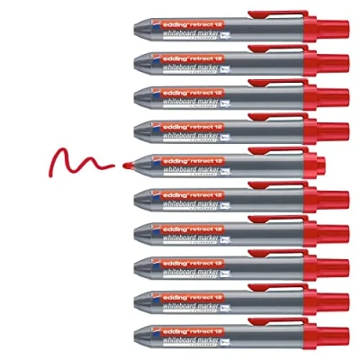 Imagen de edding retract 12 marcador para pizarras blancas rojo 10 rotuladores punta redonda 1,5 3 mm sin tapa una sola mano blancas/magnéticas, flipcharts, tablones de notas