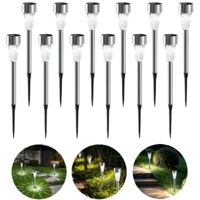Imagen de Aigostar Luces Solares Jardín 12 Pcs Lamparas Jardín/Paisaje 6500K IP44 Impermeable Exterior LED, Acero Inoxidable Luz Solar de Césped Para Pasillo, Césped, Patio