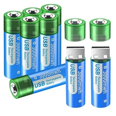 Imagen de Pilas AA Recargables por USB, 3000 mWh/Litio, 8 Unidades, 1,5 V, Ion de Litio, AARecargables, Alta Capacidad, Recargables, Carga Rápida