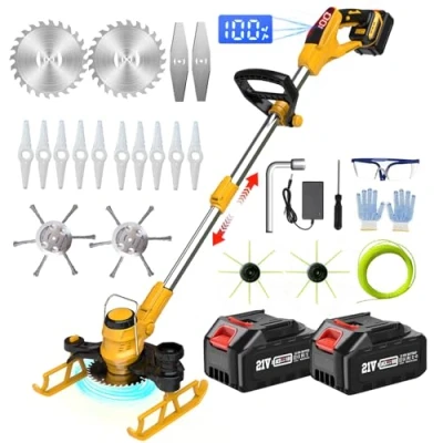 Imagen de Desbrozadora Bateria 21V, Electrica, Cortacésped Batería 5 En 1 con 2 Baterías, Cepillo de Malas Hierbas y Cuchillas, Ruedas, para Recortar Césped Arbustos,Yellow