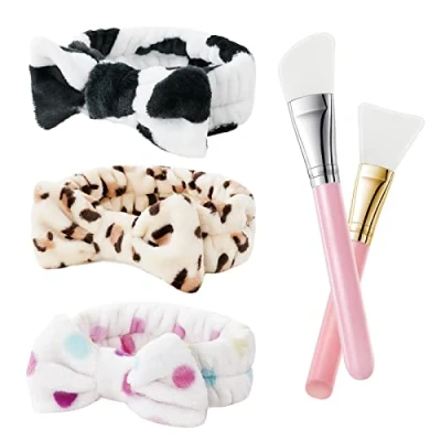 Imagen de URAQT Diadema de Maquillaje, 3Pcs Microfibra Spa Elásticas, Suave Mujer con 2 Cepillo Mascarilla Silicona, Bowknot Banda Pelo para Bañarse(Rojo Azul Vistoso)