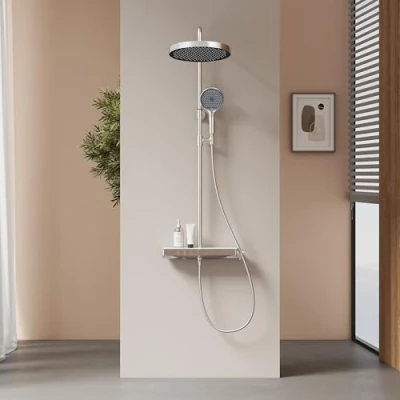 Imagen de EMKE Columna de Ducha Termostática con Estante Cristal, 320mm Lluvia Extra Grande, Mano 3 Tipos Chorro,Cromado,Altura Adjustable 818 1068mm
