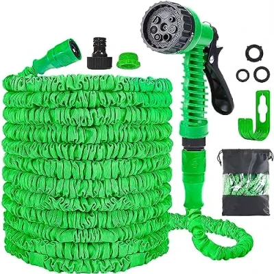 Imagen de niboameu Mangueras 100ft / 30m, con Pistola De Chorro Agua Modo 7, Expandibles, Cubo JardíN Conector RáPido, TuberíA MáGica (Verde)