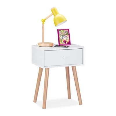 Imagen de Relaxdays Mesita de Noche Escandinava, Mesa Cama Retro, Mesilla Auxiliar con Cajón, 55 x 42 30 cm, Dormitorio, Blanco, Madera
