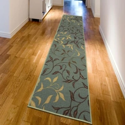 Imagen de Ottomanson Ottohome Alfombra rectangular, base de goma, diseño hojas contemporáneo, 80 x 300 cm, color verde (Seafoam)