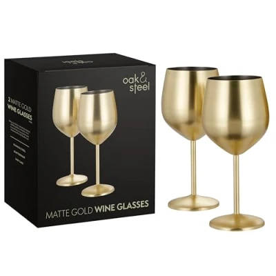 Imagen de Oak &amp; Steel 2 Copas de Vino Oro Mate, 550 ml Acero Inoxidable Set Regalo Cristal Irrompible para Bar en Casa, Boda, Aniversario, Fiesta Cumpleaños,