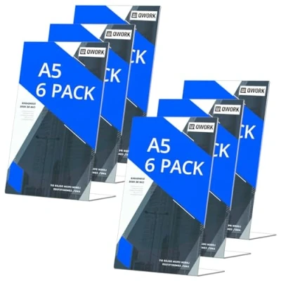 Imagen de QWORK® Pack de 6 Soporte para Letreros Acrílico A5 Expositores Sobremesa Transparentes en Forma L Porta Menús y Pósteres