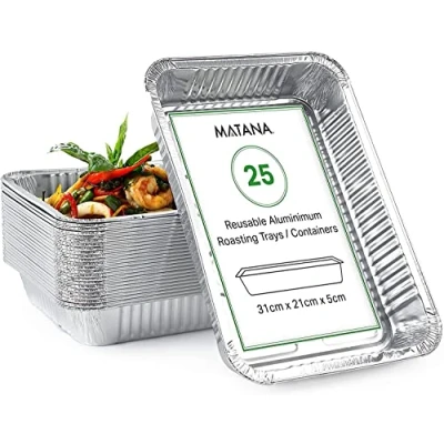 Imagen de MATANA 25 bandejas grandes reutilizables de aluminio plateado para el horno (31x21cm/2000ml)
