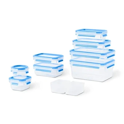 Imagen de Emsa Juego de 9 Herméticos Clip &amp; Close plástico con cierre seguro, no derrama líquidos ni retiene olores, libre BPA, apto para microondas y lavavajillas, color transparente azul