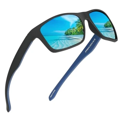 Imagen de JIM HALO Polarizadas Deportivas Gafas de Sol Espejo Wrap Alrededor Conducir Pescar Hombre Mujer(Negro/Azul Espejo)