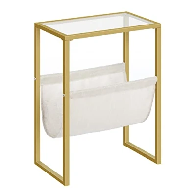 Imagen de HOOBRO Mesa Auxiliar Estrecha, con Cristal Templado y Revistero de Tela, Decorativa Pequeña Café, para Espacios Reducidos, Dormitorio, Salón, Estilo Moderno, Dorado EGD66BZ01