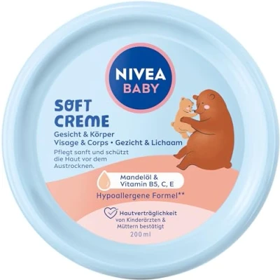 Imagen de NIVEA Baby Soft crema de cuidado vegana e hipoalergénica para la piel protege y fortalece, hidratante bebés con aceite almendras vitaminas, sin microplásticos ni parabenos (200 ml)