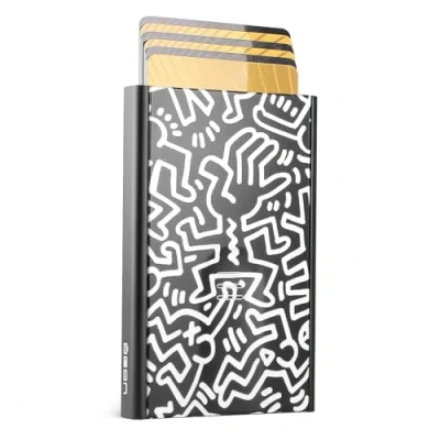 Imagen de Portatarjetas de Aluminio Slider Ögon Design Bloqueo RFID La Cartera automática Minimalista Delgada Original para Hombres y Mujeres (Impresión Keith Haring White)
