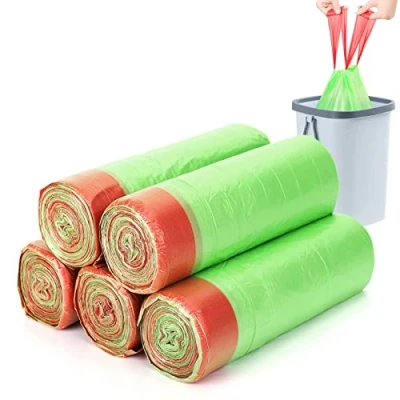 Imagen de bolsas de basura biodegradables gruesas Bamyko 15 L, 100 unidades con cinta amarre, asas cordón, compostables para 10 a cubo alimentos, cocina,
