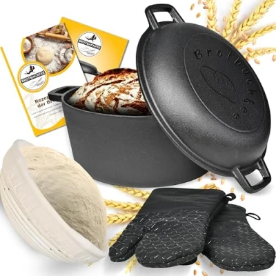 Imagen de BROTBACKFEE® olla de hierro fundido con tapa para hornear pan [cesta fermentación 5 en 1, guantes horno, recetas, instrucciones] Molde redondo pan,