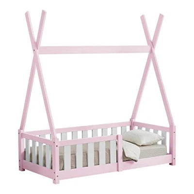 Imagen de [en.casa] Cama para niños pequeños Infantil 140x70cm Estructura Tipi de Madera Pino con reja Seguridad Color Rosa