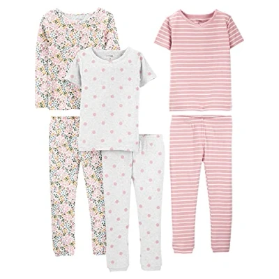 Imagen de Simple Joys by Carter&#039;s 6 Piece Snug Fit Cotton Pajama Set Juego de Pijama, Blanco Floral Pequeño/Gris Lunares/Rosa Rayas, 3 años (Pack 3) para Niñas