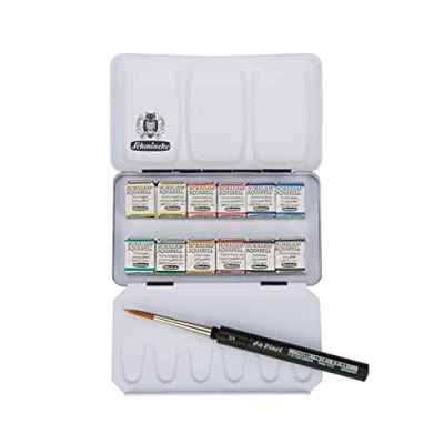 Imagen de Schmincke HORADAM® AQUARELL Caja compacta de Pinturas con 12 Finas Acuarela, 1 Pincel Davinci, 74 012 097, metálica, Set Pintura, x 1/2 Godets
