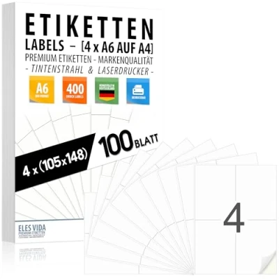 Imagen de etiquetas autoadhesivas de 105 x 148 mm (4 unidades por hoja A4), superficie blanca mate, impresora tinta y láser, (inyección láser), envío, fabricadas en Alemania (100