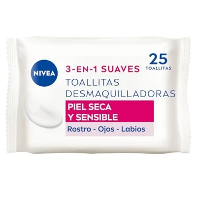 Imagen de NIVEA toallitas Desmaquilladoras Suaves (1 x 25 ud), desmaquillantes para piel seca y sensible, húmedas rostro, ojos, labios cuello