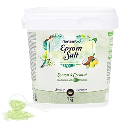 Imagen de Nortembio Sal de Epsom 3 Kg. Fragancia Limón y Coco. Baño Hidratada con Vitamina C E. Relajación Músculos, Aromaterapia Buen Sueño. E Book Incluido.