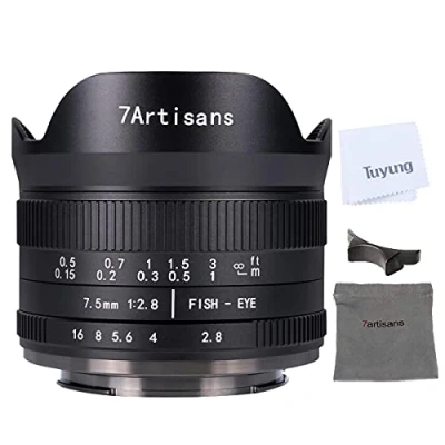 Imagen de 7Artisans 7,5 mm F2.8 II Lente de ojo pez APS C 190 manual ultra gran angular, compatible con la cámara Fujifilm X Monte M1, XM2, T1, T2, T10, PRO1