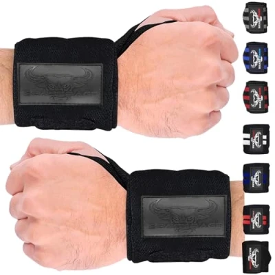 Imagen de BEAST RAGE Envolturas de muñeca para Levantamiento Pesas, Muscular, Rendimiento Entrenamiento, Gimnasio, Correas el Pulgar, Soporte Vendaje algodón elástico, puño (Todo Negro)